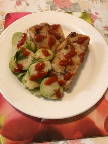 Fried yam cake with Brussel sprouts.JPG